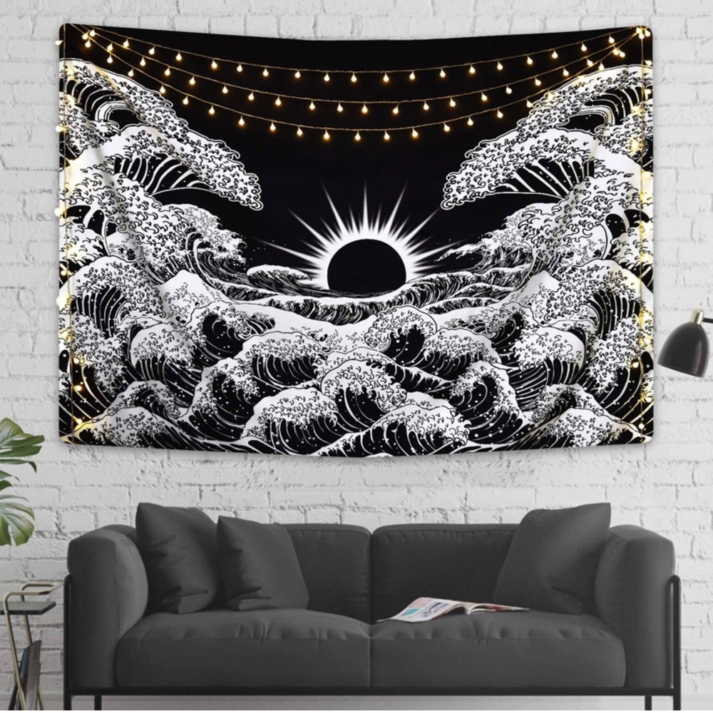 Black & White Moon and Waves Tapestry - Picture 4 of 7